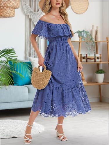 Women's Summer Midi Dress High Waist Off Shoulder Ruffle Short Sleeve Hollow Out A Line Casual Long Dress 20252