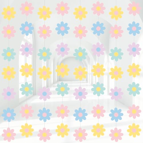 Image of Pasimy 8 Pcs Daisy Boho Party Decorations Groovy Daisy Paper Garlands White Flower Hanging Garland Banner Hippie Flower Cutouts for Birthday Shower Wedding Party Favor Supplies(Groovy,Pastel)