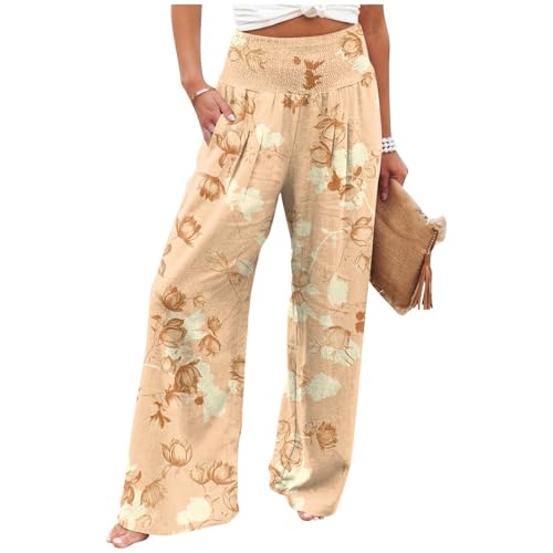 Palazzo Beach Pants for Women High Rise Summer Floral Print Pants Trendy Stretch Smocked Waist Ruched Treousers Pocket