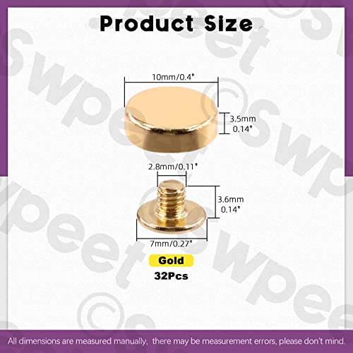 Swpeet 32Pcs Gold Screw Back Rivets Stud Set, Round Purse Feet Metal Studs Rivet, Feet Nailhead Stud Flat Buckle Button Cap Rivets, Gold Metal Flat Head Purse Feet Rivets Stud For Leather Craft Diy #TOP1