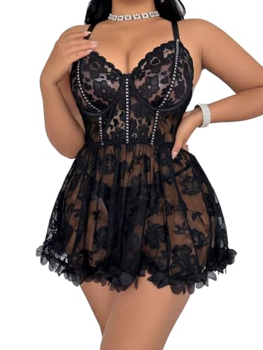 Plus Size Lingerie for Women Open Back Sexy Lingerie Dress Floral Lace Babydoll Chemise Lace Nightgown