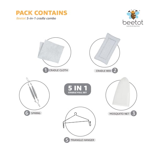 Image of Baby Swing Cradle (Jhula) for Newborns - Cloth Cradle with Removable Mattress, Mosquito Net, Spring & Triangle Hanger | Up to 15 kg | (MELANCHI)