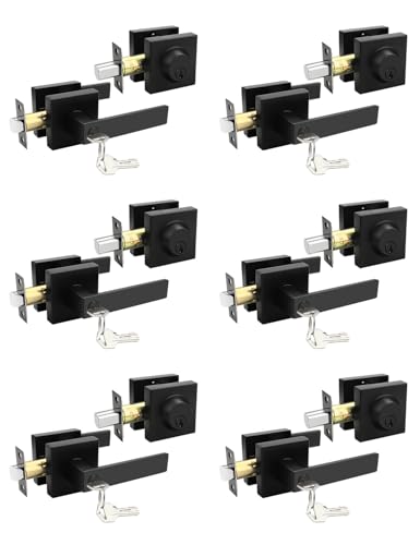 Image of Tinewa 6 Pack Square Keyed Alike Front /Exterior Door Levers with Single Cylinder Deadbolt, Flat Black Entry Door Knob Lock Sets with Deadbolt Combination Sets, for Entrance /Front and Office Doors