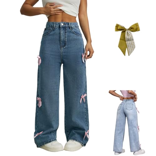 Bow Jeans for Girls Wide Leg Denim Pants,Bowknot Embroidery Baggy Trouser,Cute High Elastic Casual Y2k Streetwear with Pocket