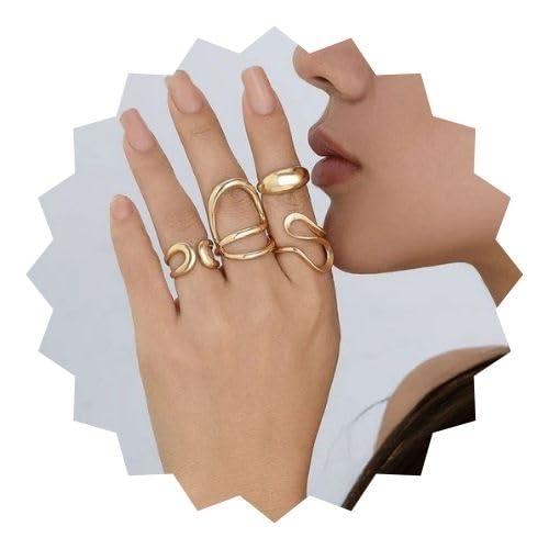 Gold Plated Abstract Shape Finger Rings Set for Women and Girls | Adjustable Stackable Fashion Jewellery (Set of 4)-image-10
