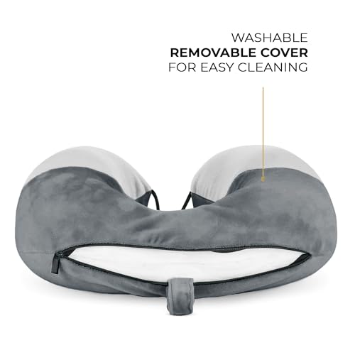 Image of Nasher Miles 100% Pure Memory Foam Travel Neck Pillow, 360 Stable Neck Support with Snap-on Button (Dark Grey and Grey)