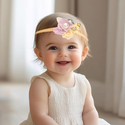Baby Girl Floral Headbands Elastic Nylon Flower Crown Hairbands Fabric Leaves Head Wrap for Newborn Toddler Infant Hair Accessories (Purple 1, Standard Small)2