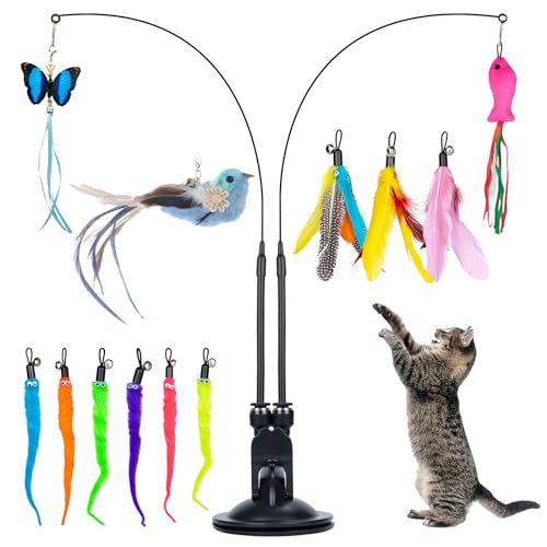 Qoosea 15 Pièces Jouet à Plumes pour Chats, Jouet pour Chat Interieur, Interactifs Jouets pour Chaton, Jouet Chat Kit avec 2 Baguettes aguicheuses et 1 Ventouse Solide