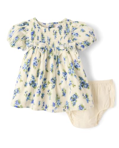 The Childrens Place Baby-Girls and Newborn Casual Short Sleeve Dress with Diaper CoverBlue Floral 6 Months 9 Months