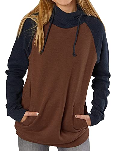 Sunborui Women s Long Sleeve Cowl Neck Hoodies Color Block Tunic Pullover Loose Casual Sweatshirts Tops (Brown,Large)