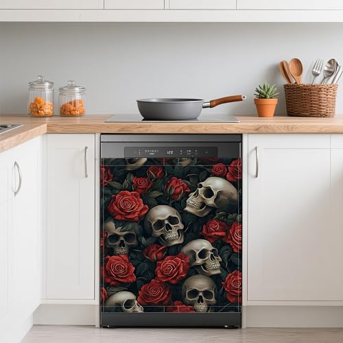 Image of Halloween Skull Refrigerator Magnet Cover,Gothic Red Rose Flower Washable Dishwasher Magnets Decorative Cover,Home Kitchen Decorative Dishwasher Front Panel Cover 23x26 Inch