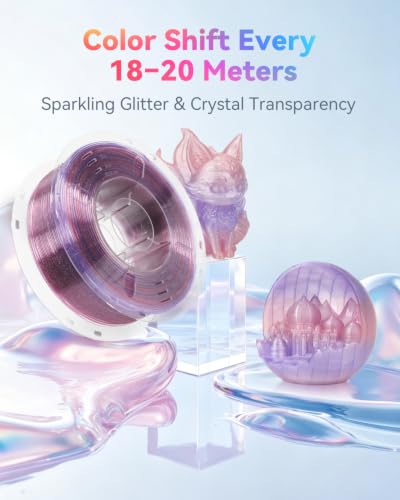 Image of VOXELAB PLA Crystal Rainbow Filament 1.75mm, Pink Dolphin Color, Alternating Transparent Purple & Bright Pink Every 18-20M, Shimmer Gradient 3D Printer Material with Glitter