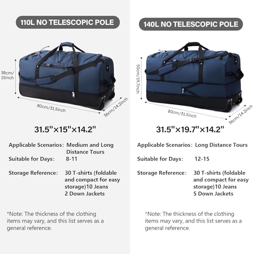 32” 1680D Oxford Foldable Duffle Bag with 2 Wheels,110L to 140L Expandable Soft Sided Rolling Travel Bag,Navy3