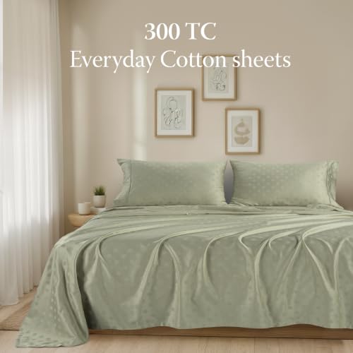 Image of Threadmill 300TC Cotton Full Sheet Set, Sateen, Jacquard, Sage Green | 100% Cotton, Sateen Weave, Jacquard Pattern, 4-Piece Set, 16 inch Deep Pocket, Cooling, OEKO-TEX Certified, Machine Washable