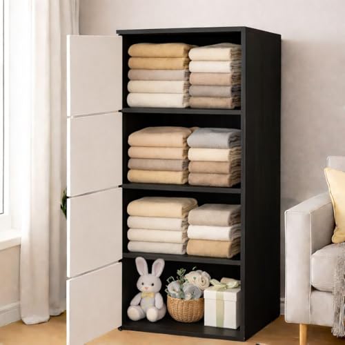 Image of 4-Door Morden Wooden Collapsible Wardrobe for Storage /Space Saving Wooden Wardrobe with Doors /Collpsible Storage Organiser /Living Room - (Black, 4 Layer)