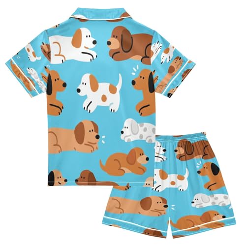 Satin Pajama Sets Short Sleeve Cute Dogs on Blue Background Button Down Silky Nightwear 2 Piece PJS 5-14Y2