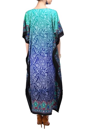 Miss Lavish London Long Kaftan Dress for Women - Summer Printed Plus Size Maxi Caftan, Beach Cover Up, Swimwear Coverup, Resort Wear, Lounge Party Dress, Hawaii Vacation Outfit- Blue- One Size