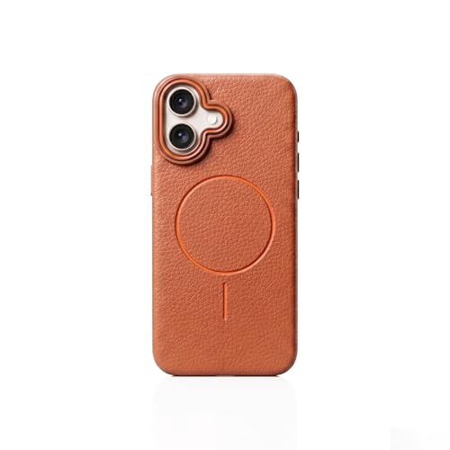Image of amazon basics Luxury MagSafe Compatible Leather Texture Back Cover for iPhone 16 | Raised Camera Protection | Slim Fit Shockproof Case with Metallic Accents (Orange)