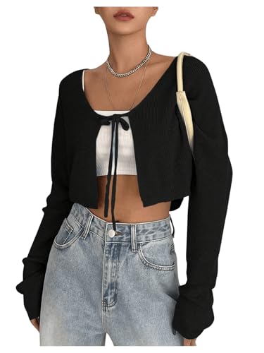 Floerns Women's Tie Front Long Sleeve Lightweight Cropped Cardigan Sweaters3