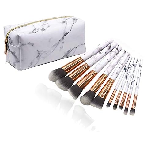 Marble Makeup Brushes Sets,10 Pcs Make Up Brush Eyeshadow Face Eyeliner Blush Contour Foundation Brushes for Women with White PU Leather Cosmetic Bag Holder Makeup Blender Sponge Gift Cover