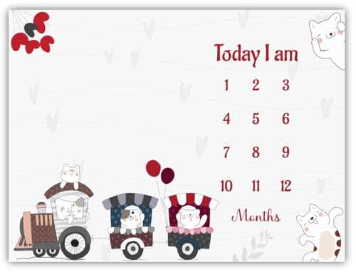 Image of Baby Monthly Milestone Blanket | 1-12 Months | Soft All-Season AC Blanket | Ideal for Newborn Boys & Girls | Perfect Growth Tracker & Photoshoot Prop with Animal Train | 120x90 cm