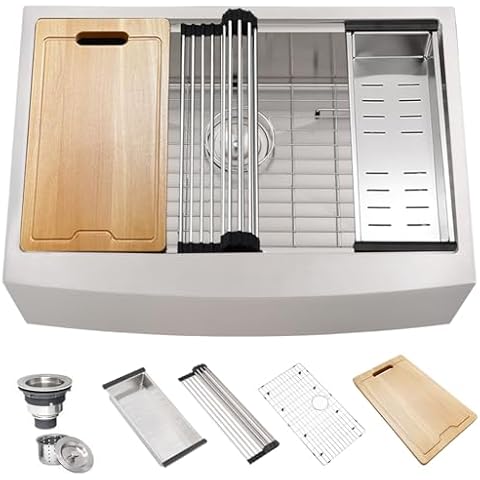 33 Inch Farmhouse Sink Workstation-Hovheir 33x21 Apron Front Farmhouse Kitchen Sink Workstation Farm Sink 16 Gauge Stainless Steel Single Bowl Deep Kitchen Sink with Cutting Board Cover