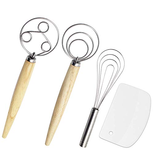 Listenman Danish Dough Whisk Bread Mixer & Egg Whisk Kits, 2 Pack Premium Stainless Steel Dutch Whisk & 1 Pack Flat Handheld Whisk Blender with a Dough Scraper for Bread, Pastry or Pizza Dough Whisk