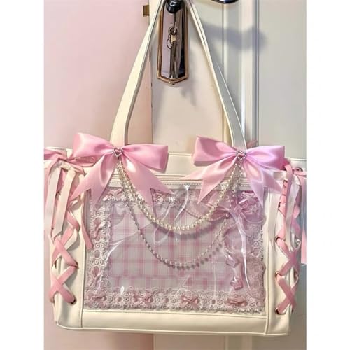 Image of Ribbon Ita Bag Pins Display Single Shoulder Crossbody Bag PU Leather Big Capacity Tote Bag with Zipper (White)
