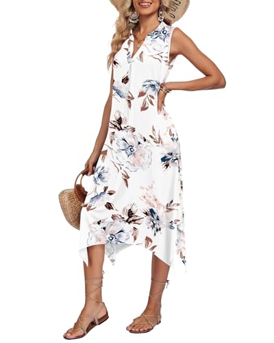 Image of AUSELILY Womens Summer Midi Dress V Neck Sleeveless Casual with Pockets | Flowy womens summer dress with asymmetrical hem, great for beach, vacation and daily wear