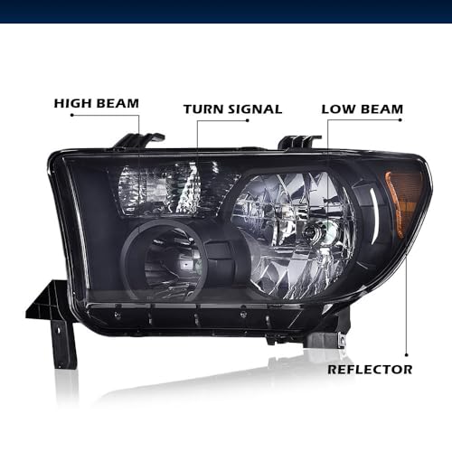 Image of GRAND ORANGE Headlights Assembly Compatible with Toyota Tundra 2007-2013, Fit Toyota Sequoia 2008-2017 Left & Right Headlamps, Smoky Lens Black Houing Amber Reflector, 811100C051