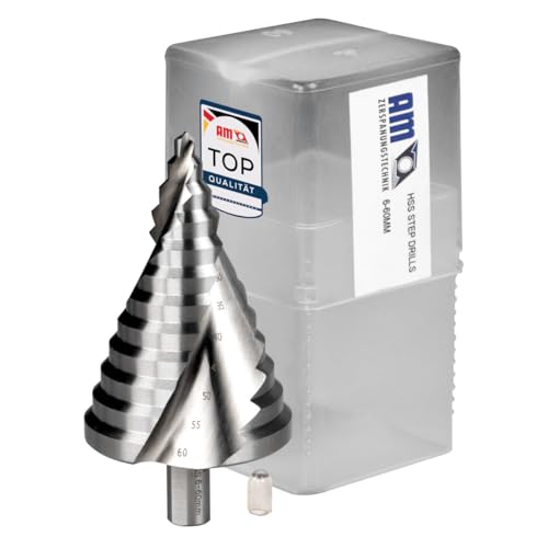 AM-Zerspanungstechnik HSS Stufenbohrer 6-60mm PROFESSIONELL | Bohrer für Edelstahl Metall Holz Kunststoff | Schälbohrer | Blechschälbohrer | Kegelbohrer Ø6-60 HSS