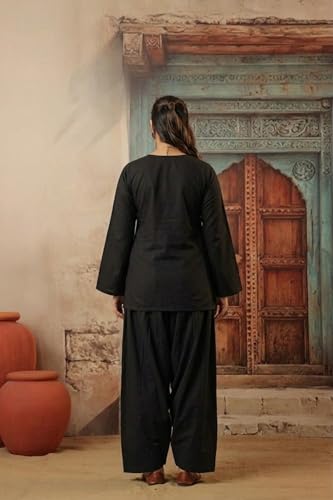 Image of REAM Women's Cotton Sleeveless Kurti and Farshi Salwar Set, Black, Ethnic Wear, Casual and Festive