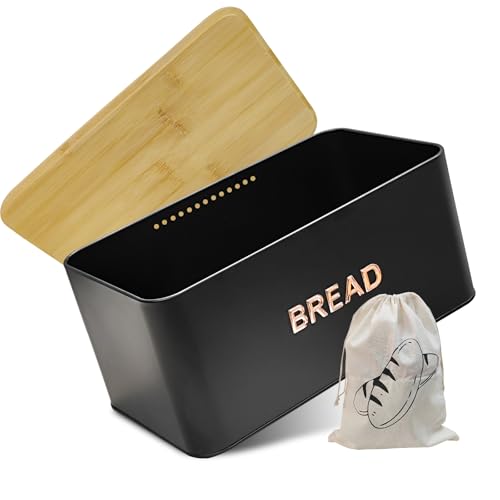 OTNBGSR Boîte en métal utilisable comme planche à découper, pour conserver le pain longtemps et garder au frais, équipée de sacs à pain en coton, 33 x 19 x 15 cm (noir)