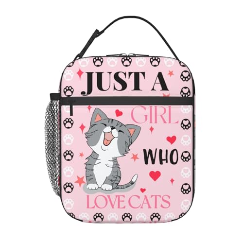 Anyako Cute Cat Pink Lunch Bag Large Capacity Heat Insulated Lunch Box, Just A Girl Who Love Cats Leakproof Durable Portable Reusable Handbags Thermal Cooler Tote Bag for School