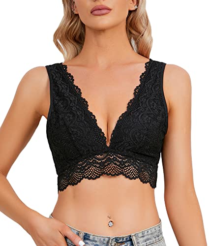 YIANNA Lace Bralette, Women's Deep V Neck Unpadded Lace Long Line Plunge Bralette Bra, YA8336-Black-L