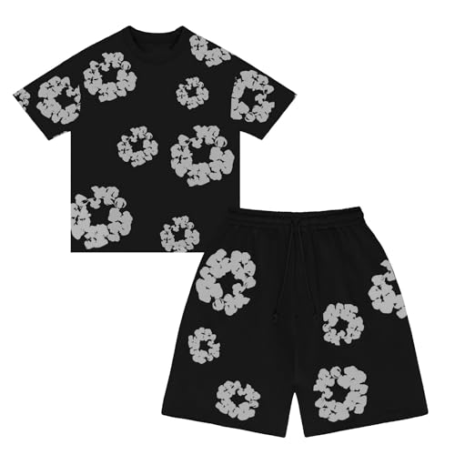 Jungen D T T-Shirt und Shorts Set 2 Teiliges Sommer Trainingsanzug Jogginganzug, Kurzarm T-Shirts und Hose, Unisex Kinder Sommer 2-Teilig Outfit Sportanzug, Denim T Jogginganzug Mädchen mit Blumen