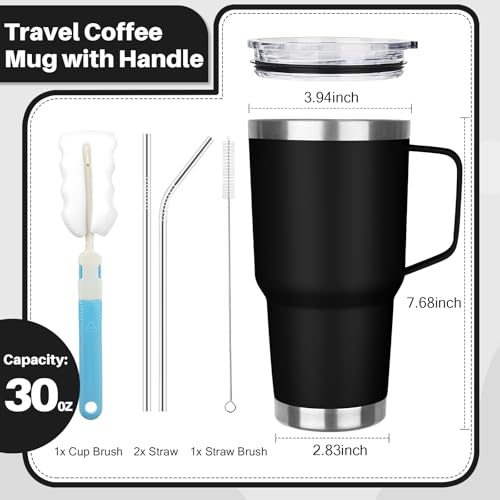 Image of 30 oz Tumbler with Handle, Stainless Steel Insulated Tumbler with Lid and Straw, Double Wall Vacuum Insulated Coffee Mug Tumbler, Insulated Coffee Thermal Cup for Cold and Hot (Black)