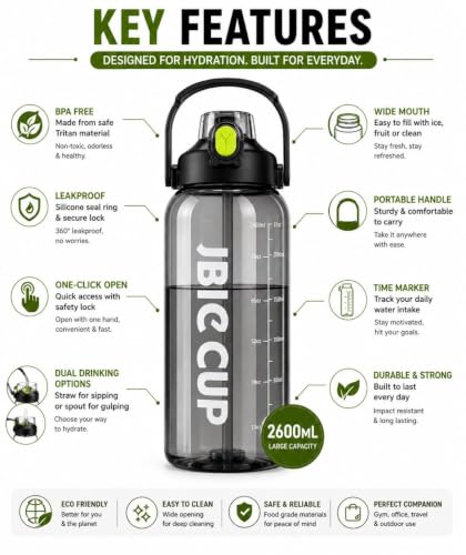 Image of Ryaco Delzon 2.6L Water Bottle BPA-Free Leakproof with Silicone Pipe, Large Reusable Hydration Bottle for Gym, Sports, Office, Travel, Fitness & Camping