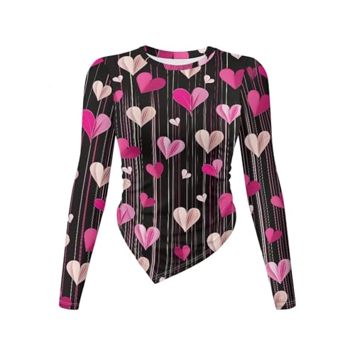 Gzzxiailg Love Heart Womens Fashionable Basic Tees Long Sleeve Bodycon Bottoming Tops Irregular Hem Fall Clothes Slim Fit Thermal Tops Soft Underwear for Valentine's Day Plus Sizes