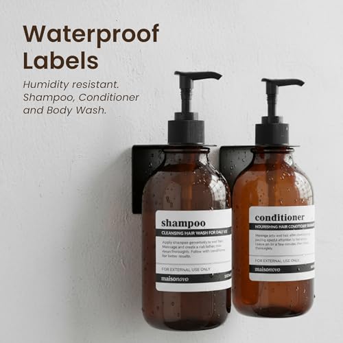 Image of Shampoo and Conditioner Dispenser Wall Mounted Set of 2 Amber Black | 500 ml Shower Gel Dispenser Set of 2. Refillable Shampoo and Conditioner Bottles. Drill Free Secure Design. Amber Classic
