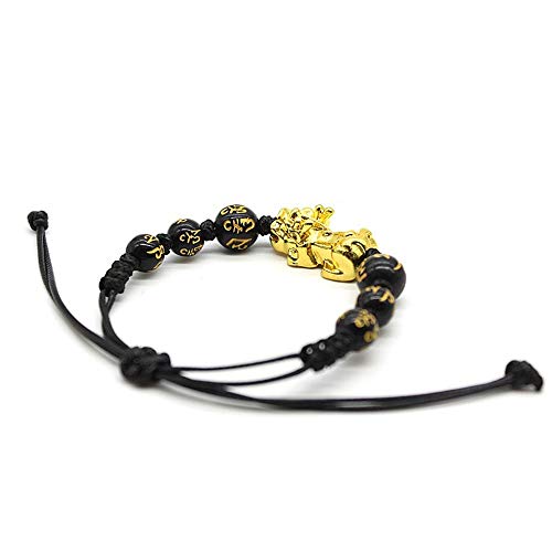 Feng Shui String Bracelet with 10mm Black Hand Carved Mantra and Golden Pi Xiu/Pi Yao Lucky Wealthy Amulet Brecelet