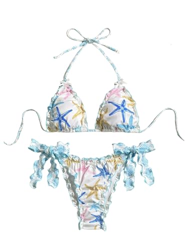 Verdusa Womens 2 Piece Bikini Sets Boho Ruffle Halter Triangle Beach Outfits Tie Side Bathing Suit Multicolor Small