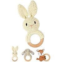 OFFCUP Baby Rattle, Wooden Crochet Animals Baby Soft Rattle Sensory Toys, Handmade Toddle Rattle Grasping Toy for Toddler 0 3 6 9 12 Month Infant Boys Girls Gift (Rabbit)