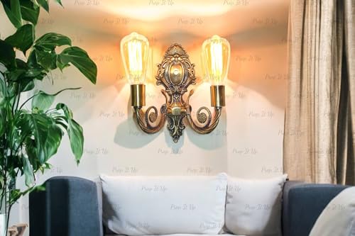Image of Prop It Up Vintage Double Wall Sconce, Antique Brass Finish, Ornate Victorian Style Without Edison Bulbs