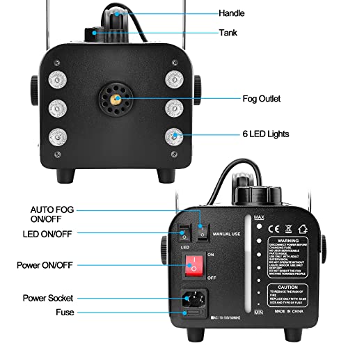 HAKUTA Fog Machine, Automatic Spray 900W Smoke Machine with 6 LED Lights and 7 Color Variation, 6000CFM Output with Wireless Remote Control for Wedding, Halloween, Parties and DJ Performance
