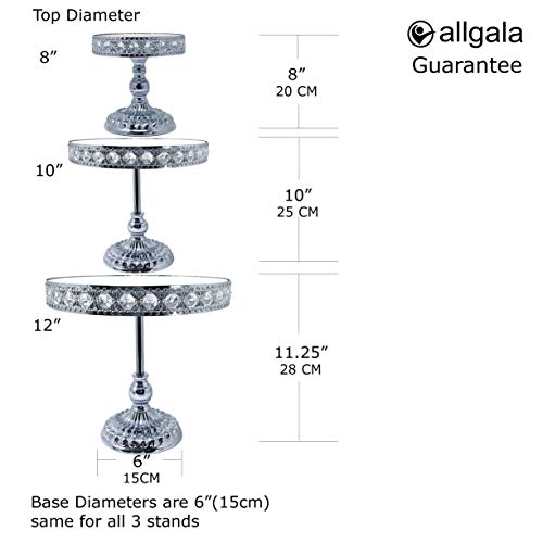 allgala HD89209 3 Piece Set Crystal Silver Chrome Plated Cheese Dessert Cupcake Cake Stand with Mirror Plate (Silver Round with Bases)