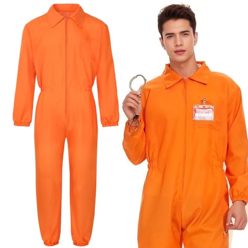 HIULLEN Häftling Kostüm Herren Gefängnis Kostüm Orange Herren Damen Sträfling Kostüms Herrens mit Handcuffs Prisoner Overall Costume für Halloween Erwachsene Cosplay Karneval (L)
