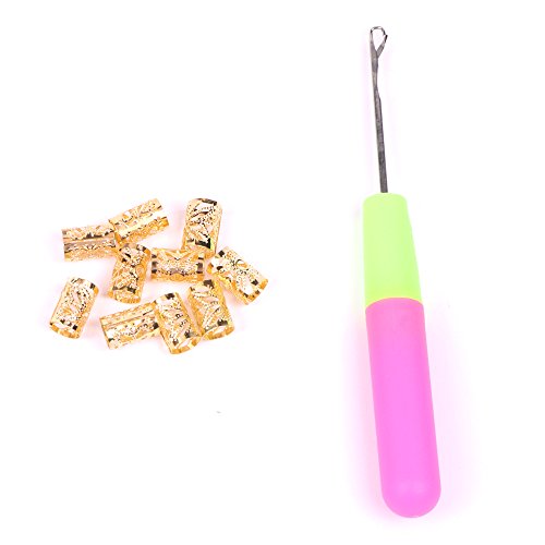10 PCS 8mm Braiding Beads Cuffs Tubes Hair Decoration Accessories Filigree Tube +1 Pcs Latch Hook Crochet Needle (Gold Plated)