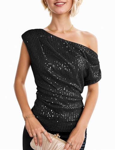 Black Sequin Shirts for Women，One Shoulder Sparkling Ruched Asymmetrical Glitter Tops