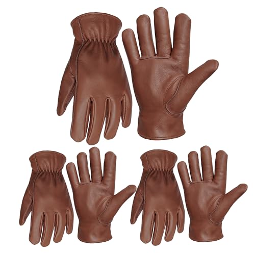 NBLEAGLO 3 Pairs Brown Leather Work Gloves For Men Durable Gardening Gloves Driver Gloves (Brown Large)